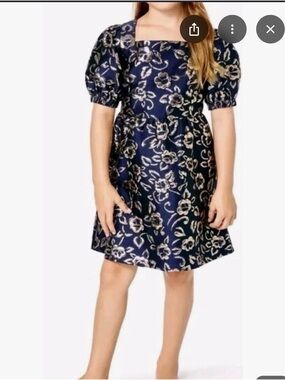 NWT Girls Lilly Pulitzer Navy and Ivory Floral Puff-Sleeve Dress
